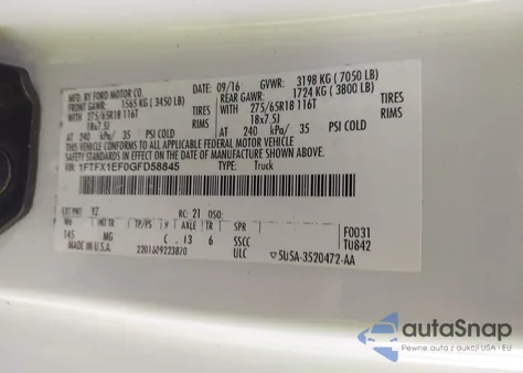 2016 Ford F-150 Xlt z USA, uszkodzony, nr VIN 1FTFX1EF0GFD58845